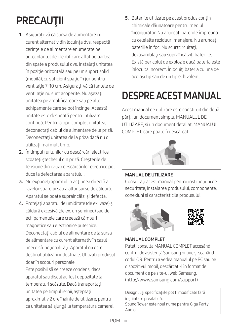 Precauţii, Despre acest manual | Samsung MX-T50 Giga Party 500W Wireless Speaker User Manual | Page 393 / 512