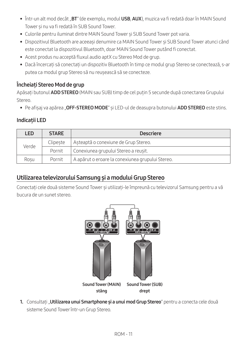 Încheiați stereo mod de grup, Indicații led, Led stare descriere | Samsung MX-T50 Giga Party 500W Wireless Speaker User Manual | Page 405 / 512