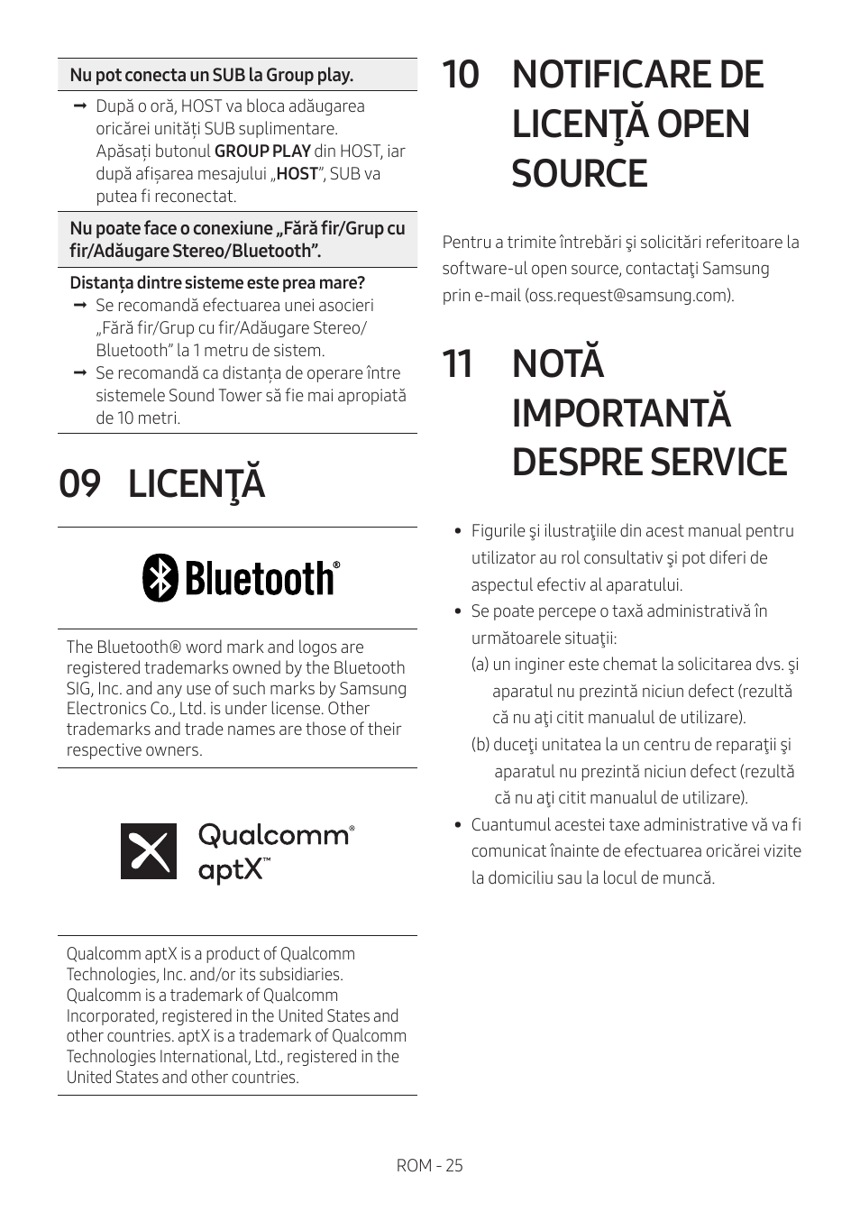 09 licenţă, 10 notificare de licenţă open source, 11 notă importantă despre service | Licenţă, Notificare de licenţă open source, Notă importantă despre service | Samsung MX-T50 Giga Party 500W Wireless Speaker User Manual | Page 419 / 512