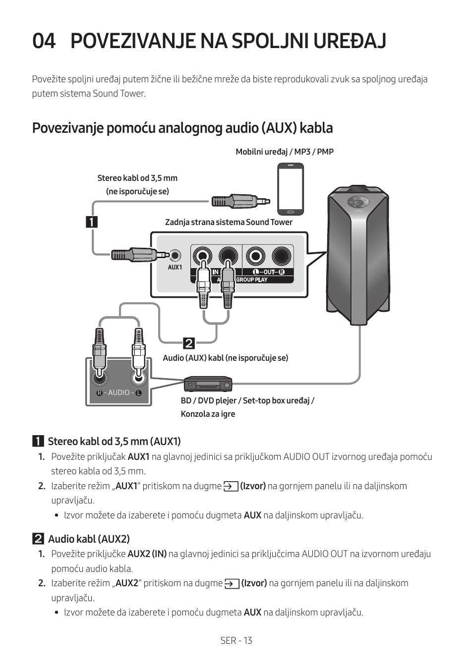 04 povezivanje na spoljni uređaj, Povezivanje pomoću analognog audio (aux) kabla, Povezivanje na spoljni uređaj | Samsung MX-T50 Giga Party 500W Wireless Speaker User Manual | Page 437 / 512