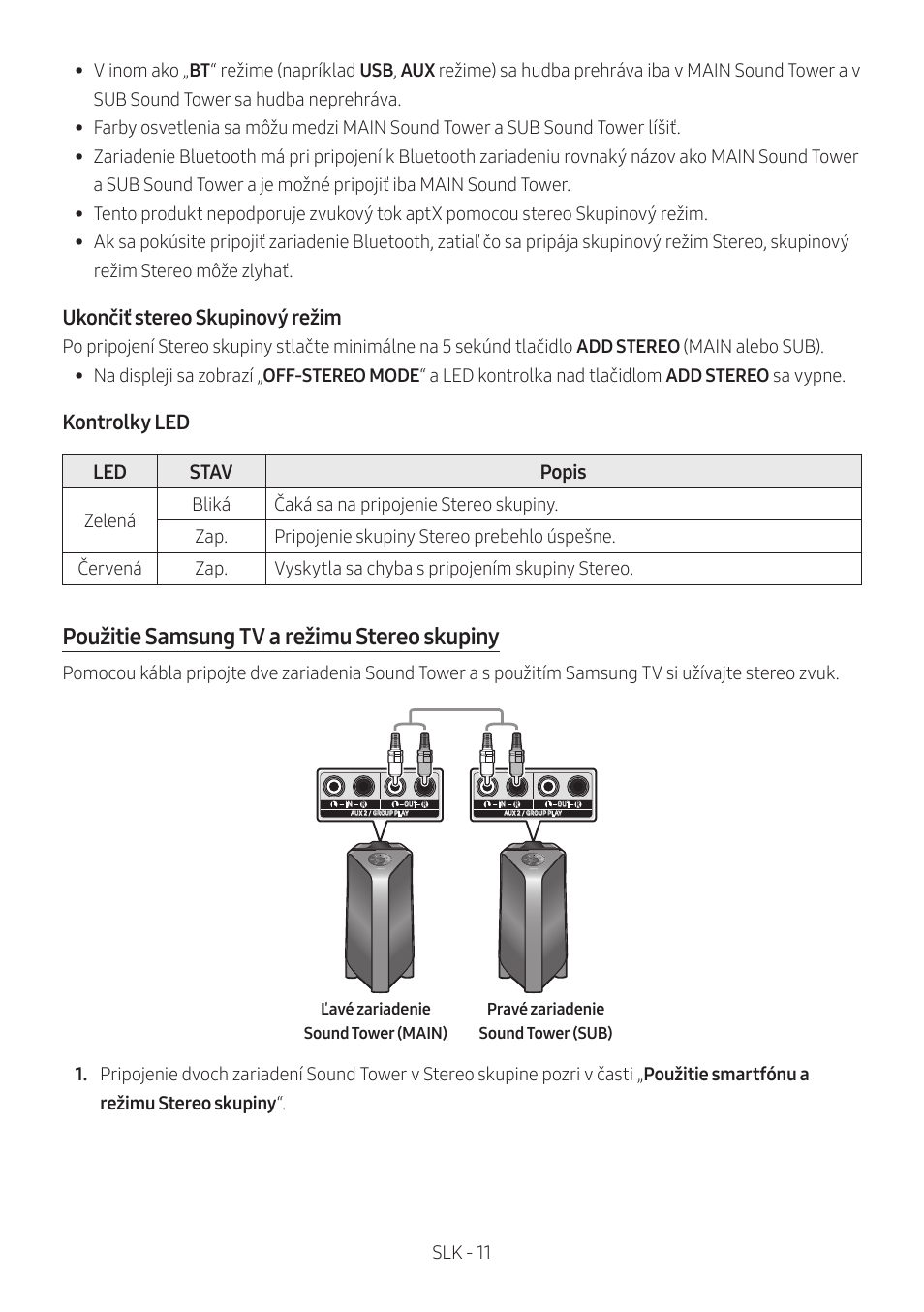 Použitie samsung tv a režimu stereo skupiny, Ukončiť stereo skupinový režim, Kontrolky led | Led stav popis | Samsung MX-T50 Giga Party 500W Wireless Speaker User Manual | Page 465 / 512