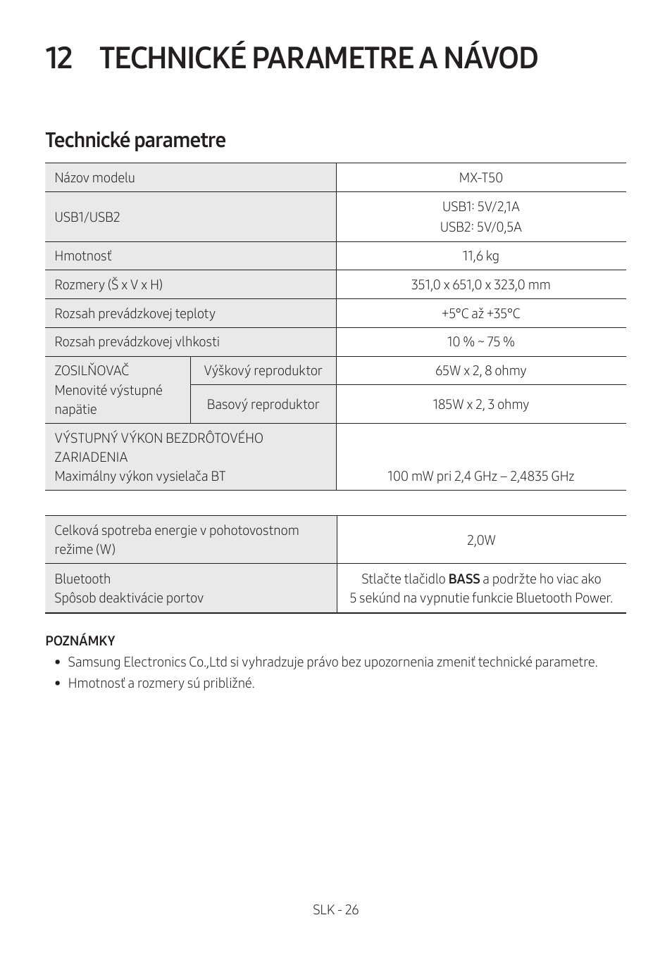 12 technické parametre a návod, Technické parametre, Technické parametre a návod | Samsung MX-T50 Giga Party 500W Wireless Speaker User Manual | Page 480 / 512