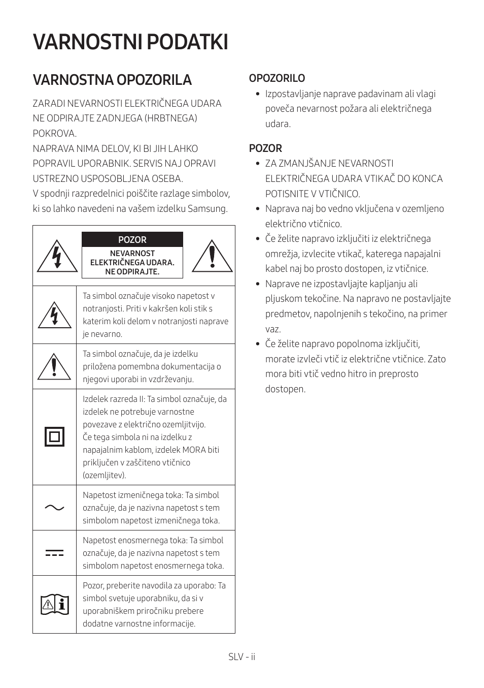 Mx-t50_slv, Varnostni podatki, Varnostna opozorila | Samsung MX-T50 Giga Party 500W Wireless Speaker User Manual | Page 482 / 512