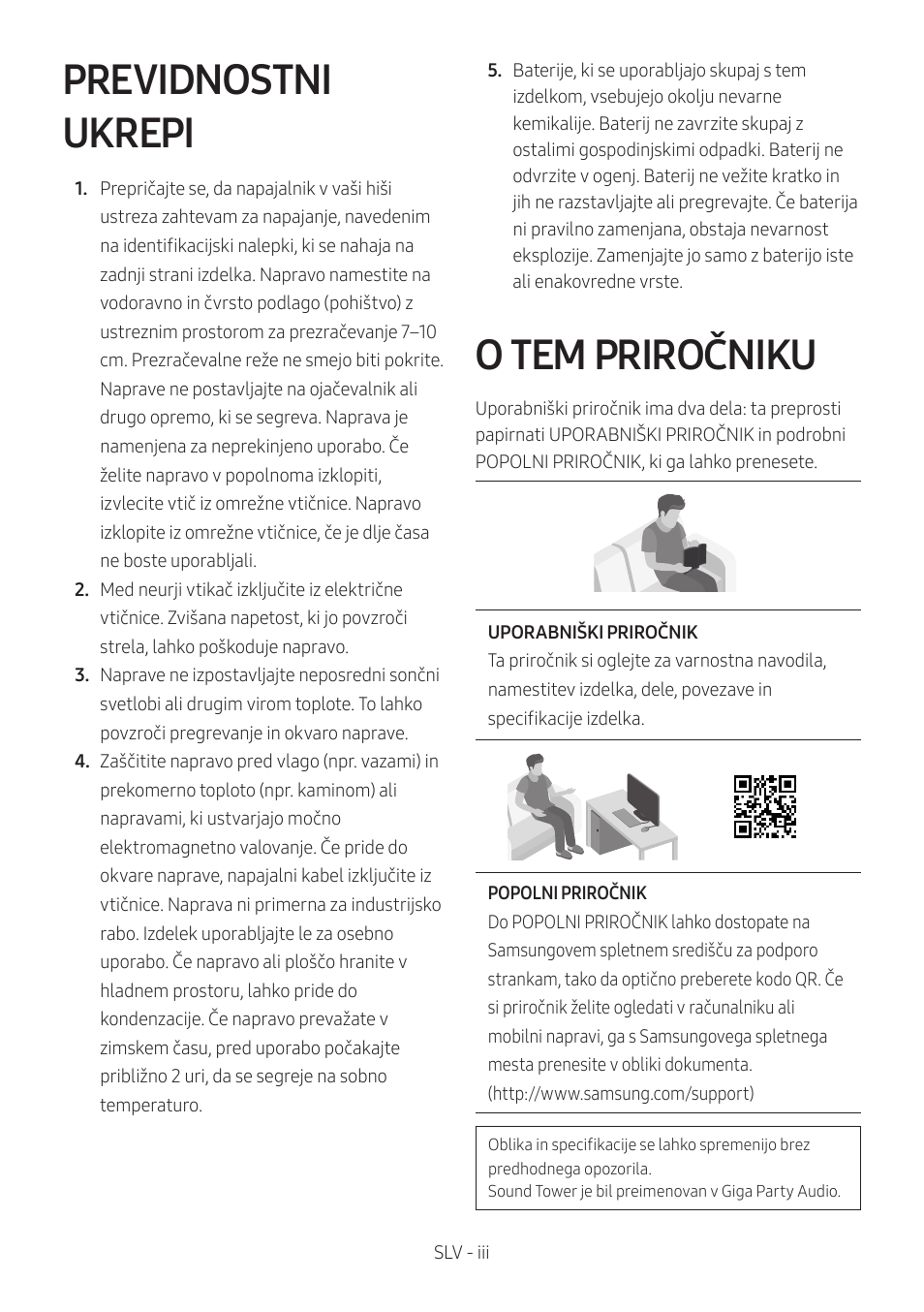 Previdnostni ukrepi, O tem priročniku | Samsung MX-T50 Giga Party 500W Wireless Speaker User Manual | Page 483 / 512