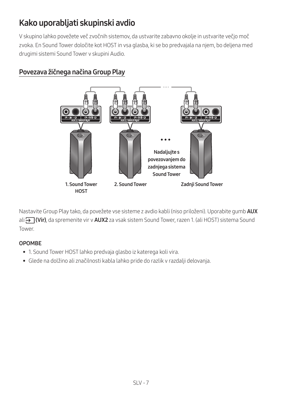 Kako uporabljati skupinski avdio, Povezava žičnega načina group play, Slv - 7 | Samsung MX-T50 Giga Party 500W Wireless Speaker User Manual | Page 491 / 512