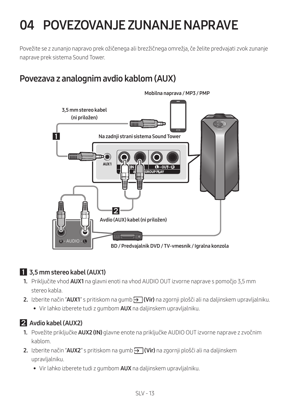 04 povezovanje zunanje naprave, Povezava z analognim avdio kablom (aux), Povezovanje zunanje naprave | Samsung MX-T50 Giga Party 500W Wireless Speaker User Manual | Page 497 / 512