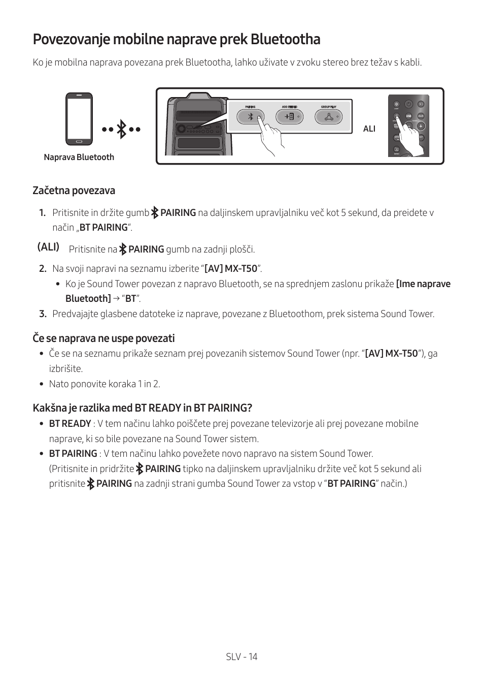 Povezovanje mobilne naprave prek bluetootha, Začetna povezava, Ali) | Če se naprava ne uspe povezati, Kakšna je razlika med bt ready in bt pairing | Samsung MX-T50 Giga Party 500W Wireless Speaker User Manual | Page 498 / 512