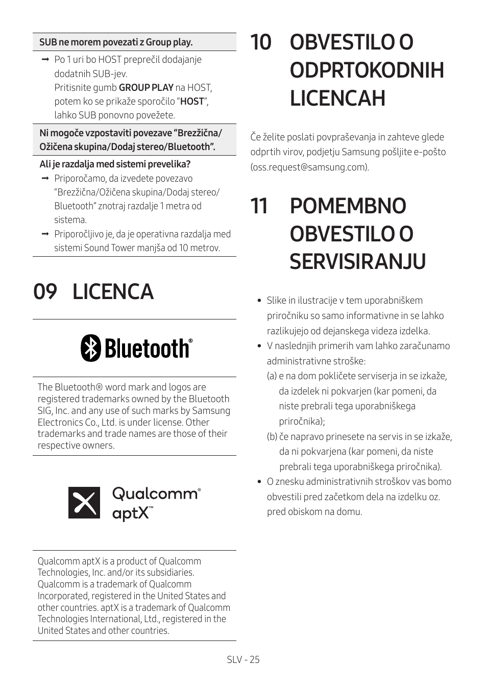 09 licenca, 10 obvestilo o odprtokodnih licencah, 11 pomembno obvestilo o servisiranju | Licenca, Obvestilo o odprtokodnih licencah, Pomembno obvestilo o servisiranju | Samsung MX-T50 Giga Party 500W Wireless Speaker User Manual | Page 509 / 512