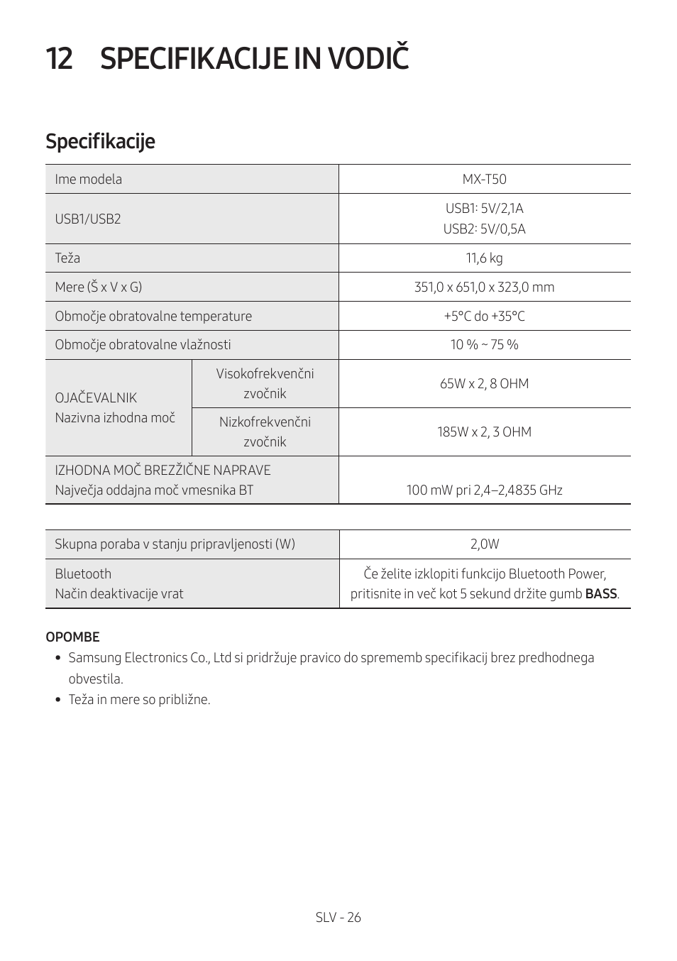 12 specifikacije in vodič, Specifikacije, Specifikacije in vodič | Samsung MX-T50 Giga Party 500W Wireless Speaker User Manual | Page 510 / 512