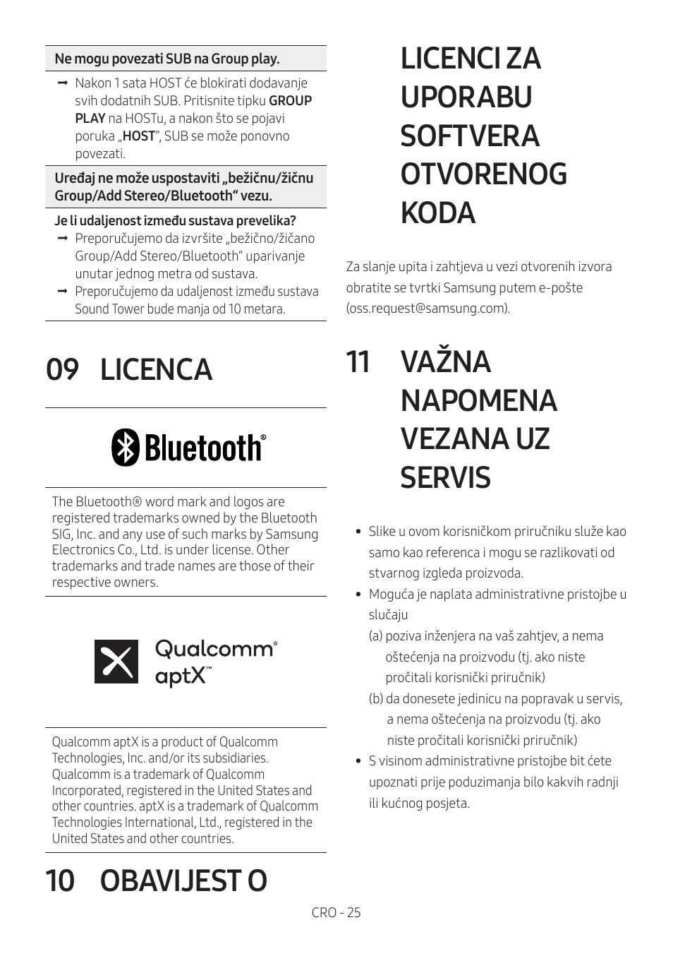 09 licenca, 11 važna napomena vezana uz servis, Obavijest o licenci za uporabu softvera | Otvorenog koda, Važna napomena vezana uz servis | Samsung MX-T50 Giga Party 500W Wireless Speaker User Manual | Page 89 / 512