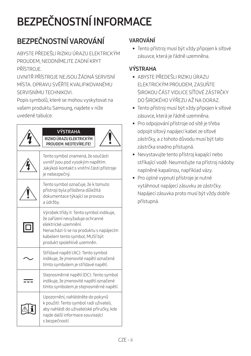 Mx-t50_cze, Bezpečnostní informace, Bezpečnostní varování | Samsung MX-T50 Giga Party 500W Wireless Speaker User Manual | Page 92 / 512