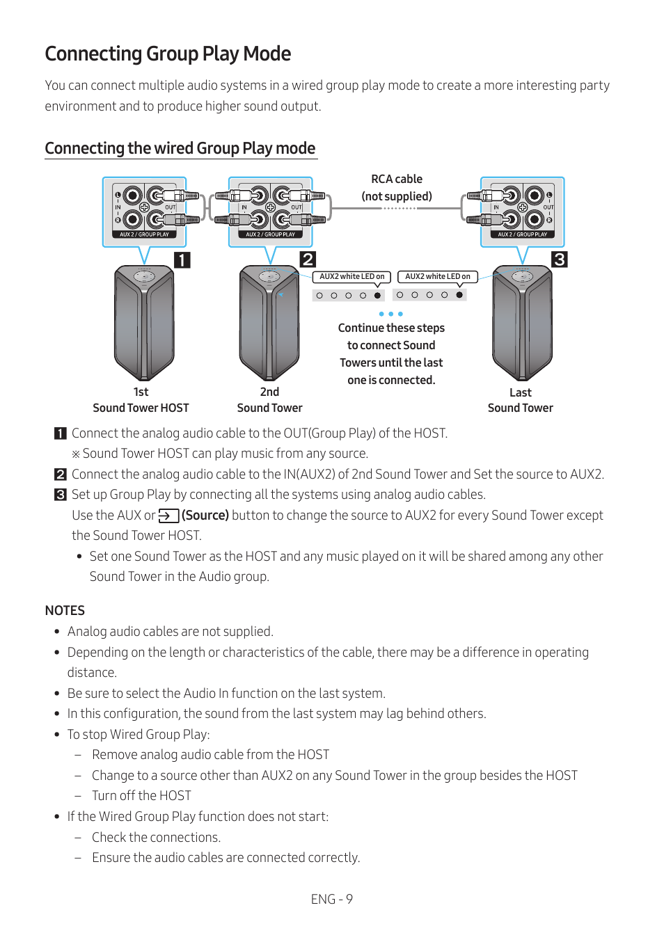 Connecting group play mode, Connecting the wired group play mode | Samsung MX-ST90B Sound Tower 1700W Wireless Party Speaker User Manual | Page 15 / 45