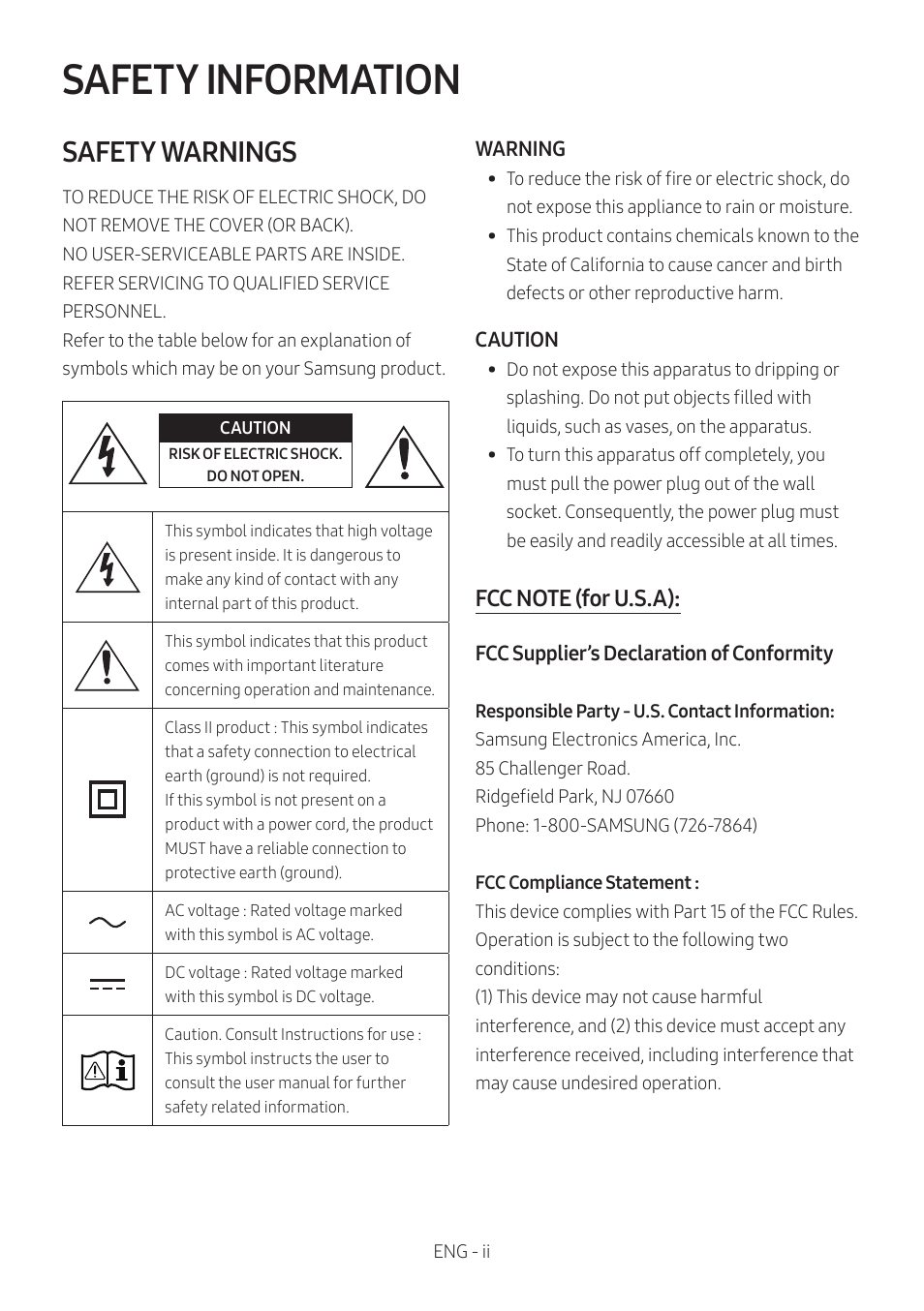 Safety information, Safety warnings | Samsung MX-ST90B Sound Tower 1700W Wireless Party Speaker User Manual | Page 2 / 45