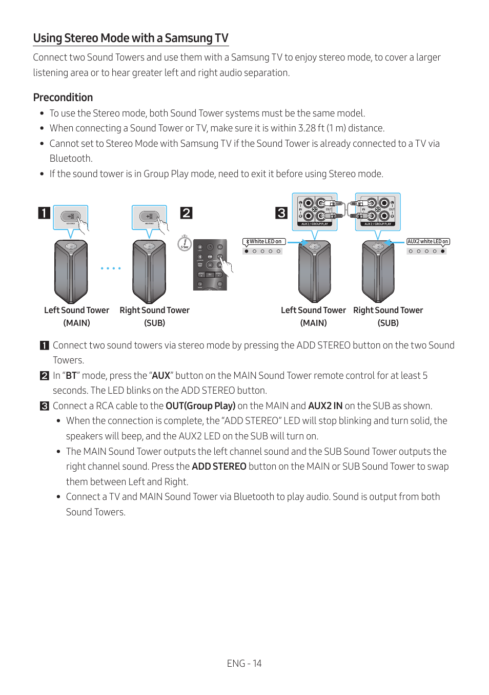 Using stereo mode with a samsung tv, Precondition | Samsung MX-ST90B Sound Tower 1700W Wireless Party Speaker User Manual | Page 20 / 45