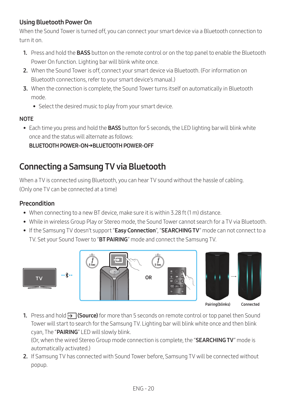 Connecting a samsung tv via bluetooth, Using bluetooth power on, Precondition | Samsung MX-ST90B Sound Tower 1700W Wireless Party Speaker User Manual | Page 26 / 45