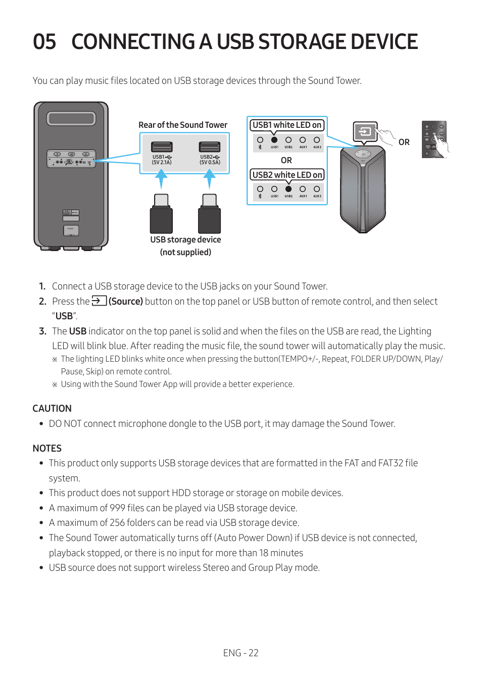 05 connecting a usb storage device, Connecting a usb storage device, Eng - 22 | Samsung MX-ST90B Sound Tower 1700W Wireless Party Speaker User Manual | Page 28 / 45