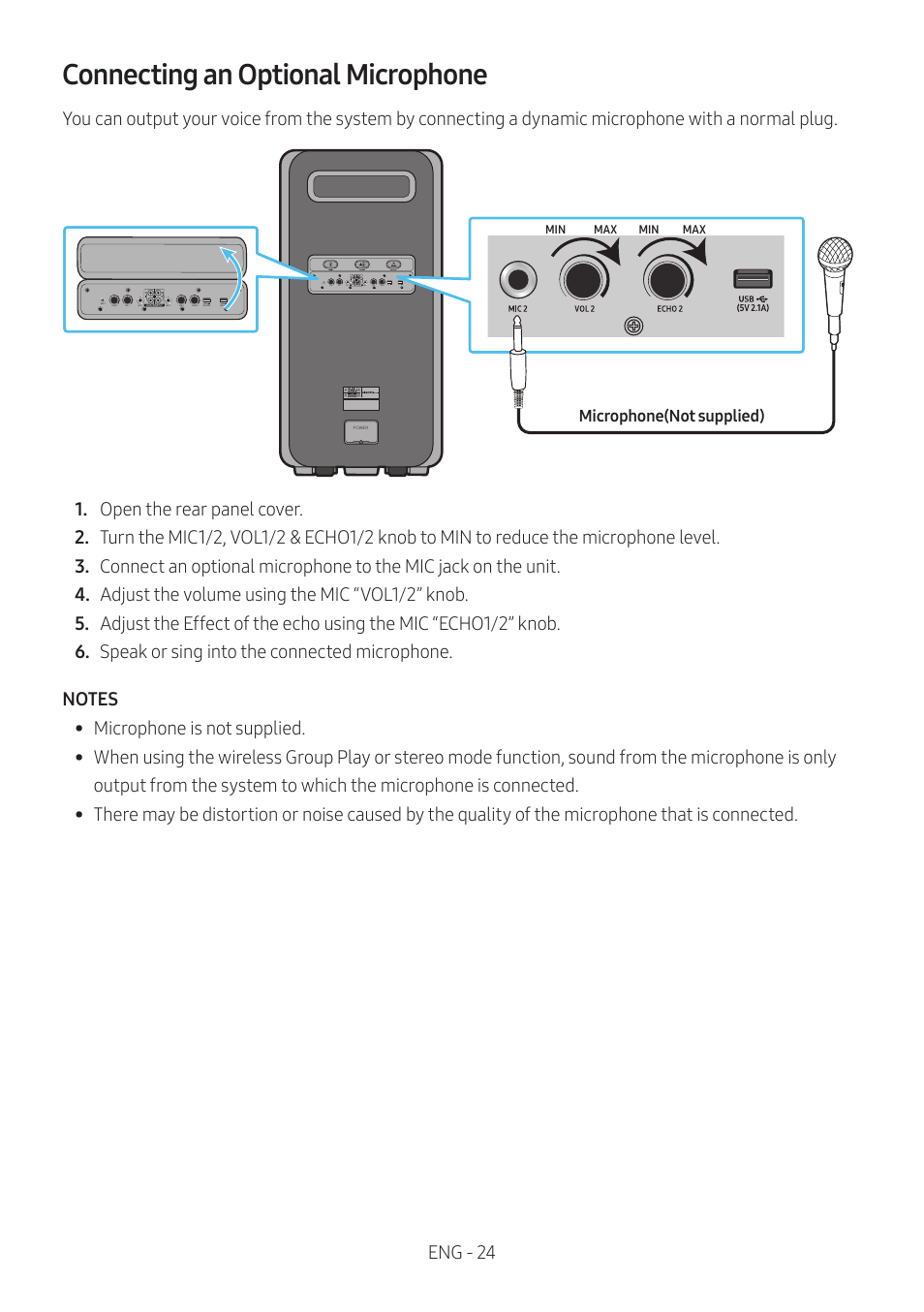 Connecting an optional microphone, Eng - 24, Microphone(not supplied) | Samsung MX-ST90B Sound Tower 1700W Wireless Party Speaker User Manual | Page 30 / 45