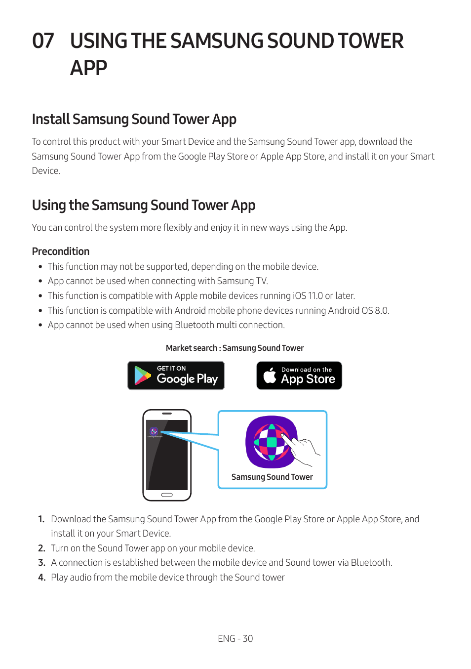 07 using the samsung sound tower app, Install samsung sound tower app, Using the samsung sound tower app | Samsung MX-ST90B Sound Tower 1700W Wireless Party Speaker User Manual | Page 36 / 45