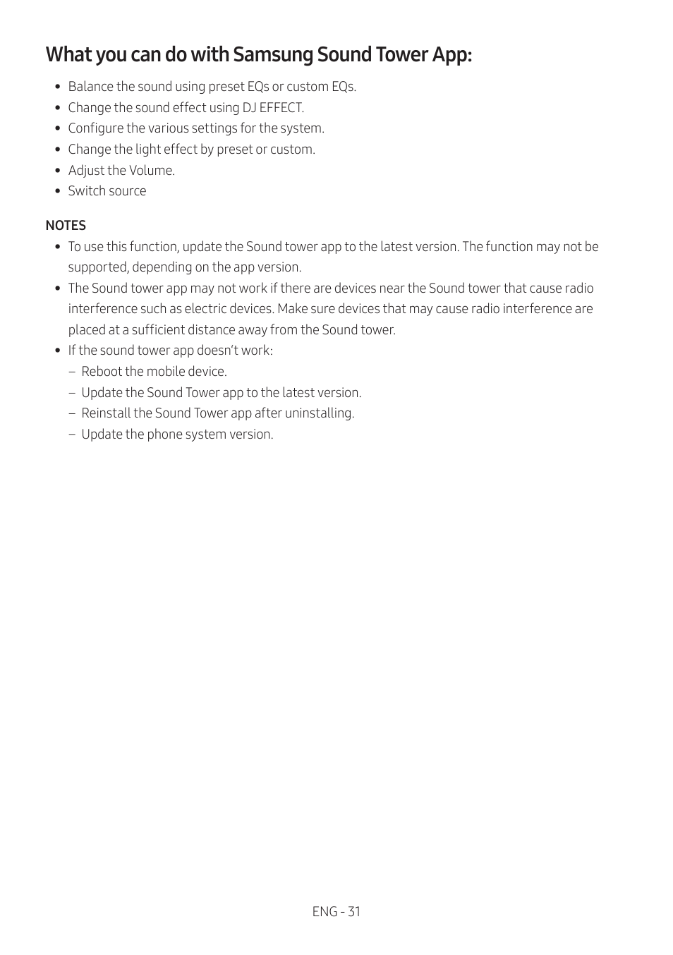 What you can do with samsung sound tower app | Samsung MX-ST90B Sound Tower 1700W Wireless Party Speaker User Manual | Page 37 / 45