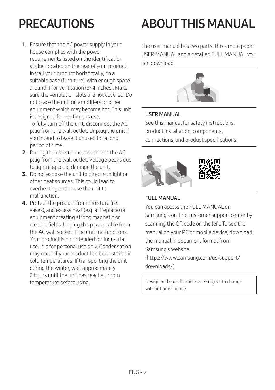 Precautions, About this manual | Samsung MX-ST90B Sound Tower 1700W Wireless Party Speaker User Manual | Page 5 / 45