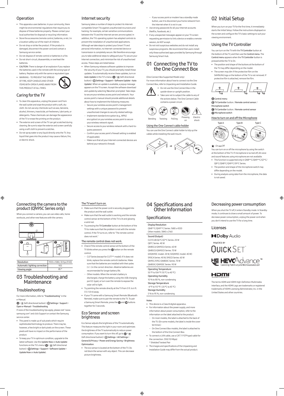 01 connecting the tv to the one connect box, 02 initial setup, 03 troubleshooting and maintenance | 04 specifications and other information, Operation, Caring for the tv, Using the tv controller, Internet security, Troubleshooting, Specifications | Samsung Neo QLED QN85C 75" 4K HDR Smart TV User Manual | Page 2 / 2