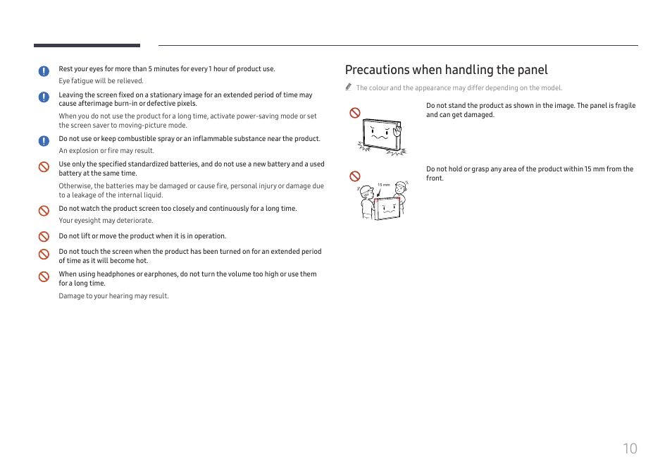 Precautions when handling the panel | Samsung QHC Series 43" 4K UHD Commercial Monitor User Manual | Page 10 / 108