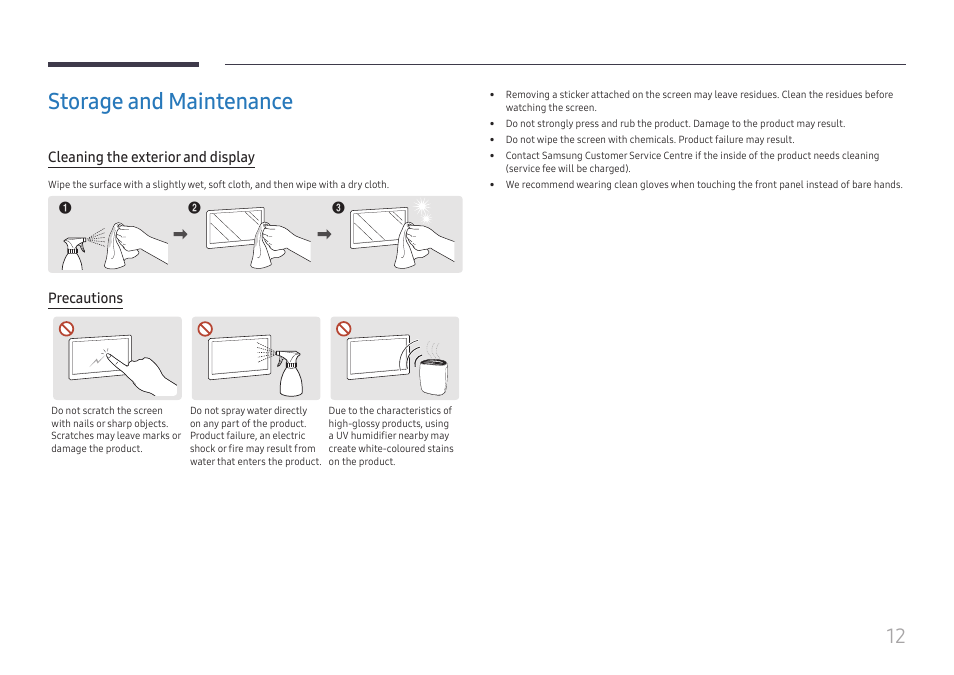 Storage and maintenance, Cleaning the exterior and display, Precautions | Samsung QHC Series 43" 4K UHD Commercial Monitor User Manual | Page 12 / 108