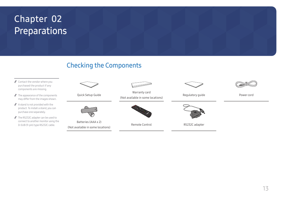 Preparations, Checking the components, Chapter 02 | Samsung QHC Series 43" 4K UHD Commercial Monitor User Manual | Page 13 / 108