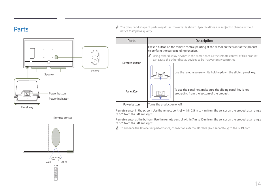 Parts, Parts 14 | Samsung QHC Series 43" 4K UHD Commercial Monitor User Manual | Page 14 / 108