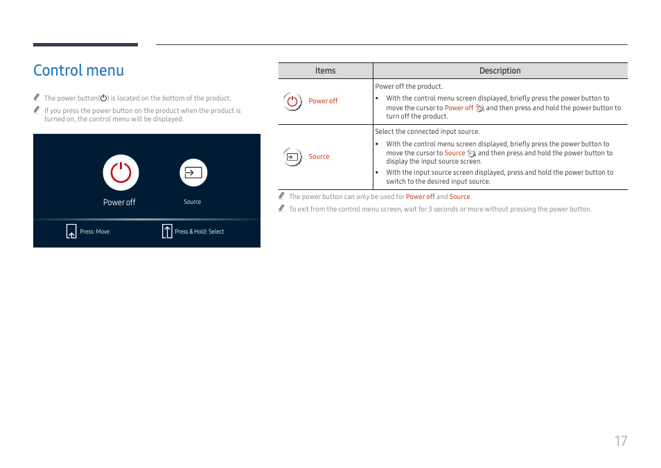 Control menu | Samsung QHC Series 43" 4K UHD Commercial Monitor User Manual | Page 17 / 108