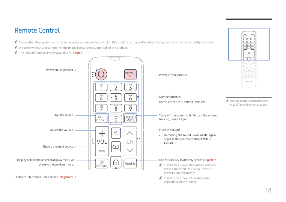 Remote control | Samsung QHC Series 43" 4K UHD Commercial Monitor User Manual | Page 18 / 108