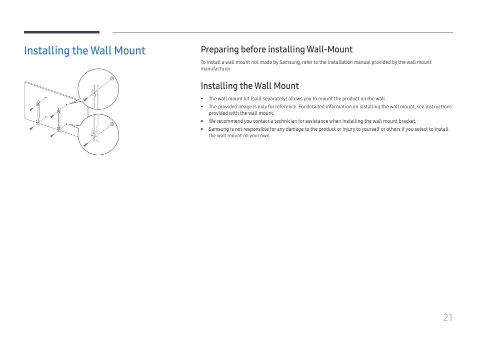 Installing the wall mount, Preparing before installing wall-mount | Samsung QHC Series 43" 4K UHD Commercial Monitor User Manual | Page 21 / 108