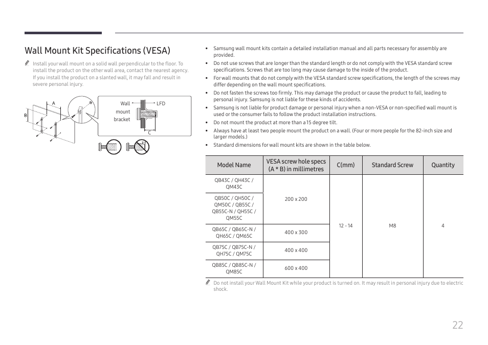 Wall mount kit specifications (vesa) | Samsung QHC Series 43" 4K UHD Commercial Monitor User Manual | Page 22 / 108