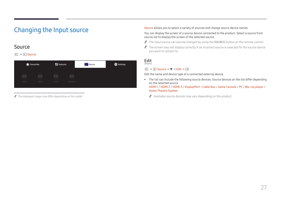 Changing the input source, Source, Source 27 | Edit | Samsung QHC Series 43" 4K UHD Commercial Monitor User Manual | Page 27 / 108