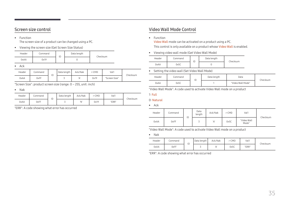 Screen size control, Video wall mode control | Samsung QHC Series 43" 4K UHD Commercial Monitor User Manual | Page 35 / 108