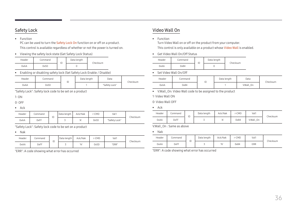 Safety lock, Video wall on | Samsung QHC Series 43" 4K UHD Commercial Monitor User Manual | Page 36 / 108