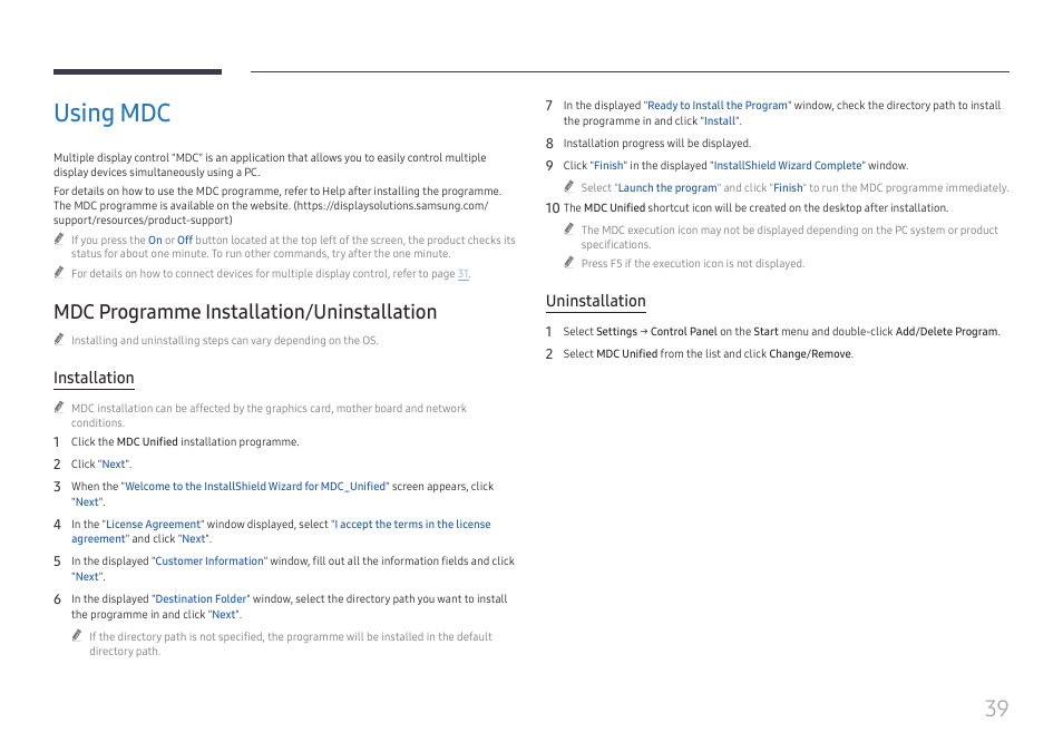Using mdc, Mdc programme installation/uninstallation, Mdc programme | Installation/uninstallation 39, Installation, Uninstallation | Samsung QHC Series 43" 4K UHD Commercial Monitor User Manual | Page 39 / 108