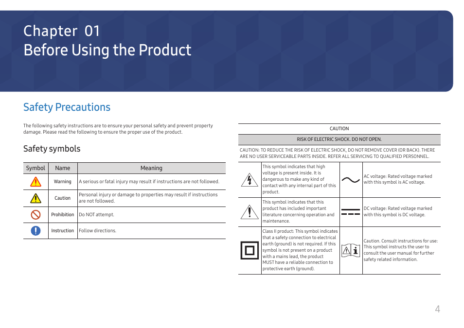 Before using the product, Safety precautions, Safety symbols | Chapter 01 | Samsung QHC Series 43" 4K UHD Commercial Monitor User Manual | Page 4 / 108