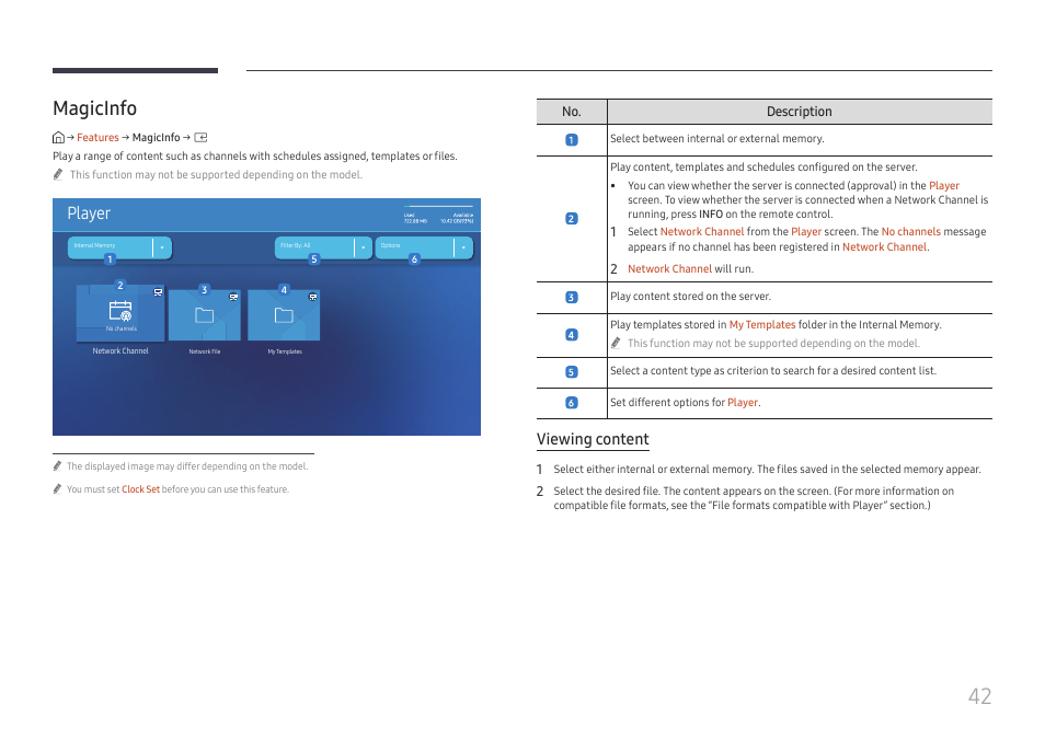 Magicinfo, Player, Viewing content | Samsung QHC Series 43" 4K UHD Commercial Monitor User Manual | Page 42 / 108