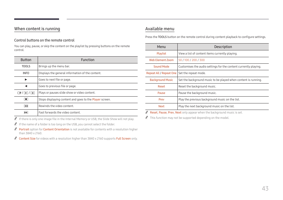 When content is running, Available menu | Samsung QHC Series 43" 4K UHD Commercial Monitor User Manual | Page 43 / 108