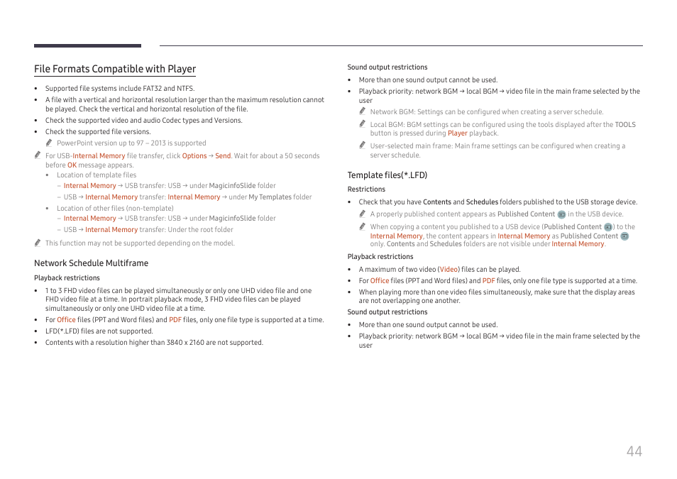 File formats compatible with player | Samsung QHC Series 43" 4K UHD Commercial Monitor User Manual | Page 44 / 108