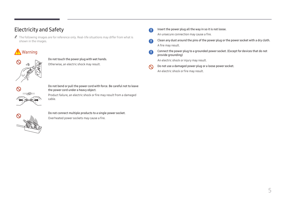 Electricity and safety, Warning | Samsung QHC Series 43" 4K UHD Commercial Monitor User Manual | Page 5 / 108