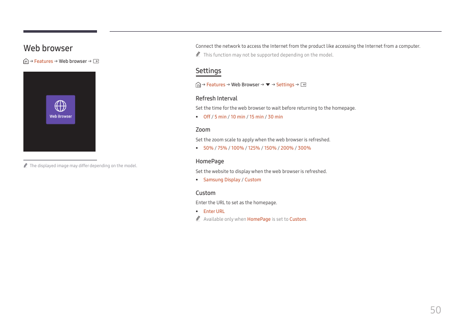 Web browser, Settings | Samsung QHC Series 43" 4K UHD Commercial Monitor User Manual | Page 50 / 108