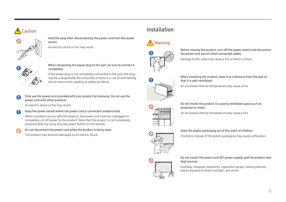 Installation, Installation 6, Caution | Warning | Samsung QHC Series 43" 4K UHD Commercial Monitor User Manual | Page 6 / 108