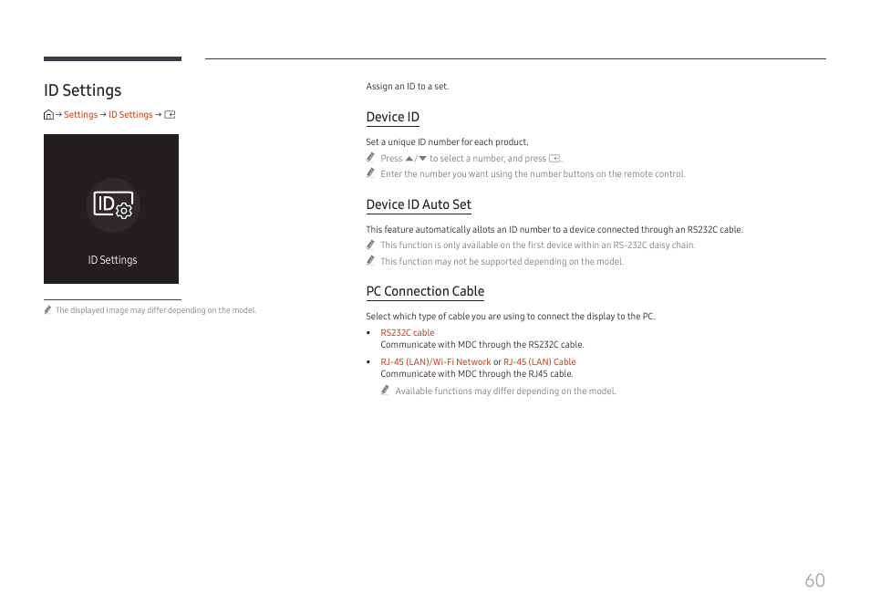 Id settings, Id settings 60, Device id | Device id auto set, Pc connection cable | Samsung QHC Series 43" 4K UHD Commercial Monitor User Manual | Page 60 / 108