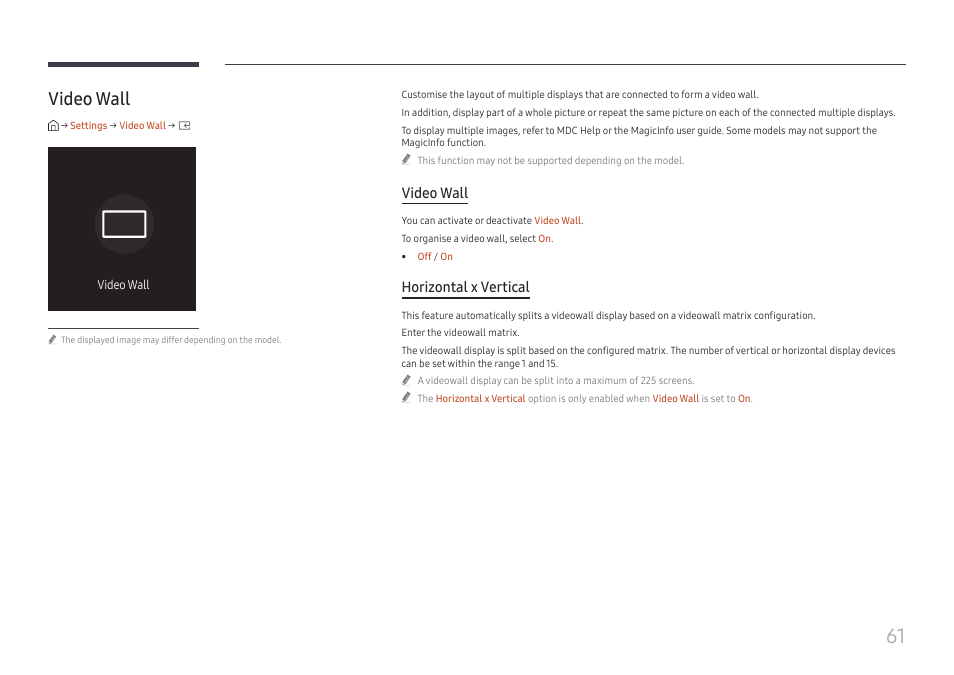 Video wall, Video wall 61, Horizontal x vertical | Samsung QHC Series 43" 4K UHD Commercial Monitor User Manual | Page 61 / 108