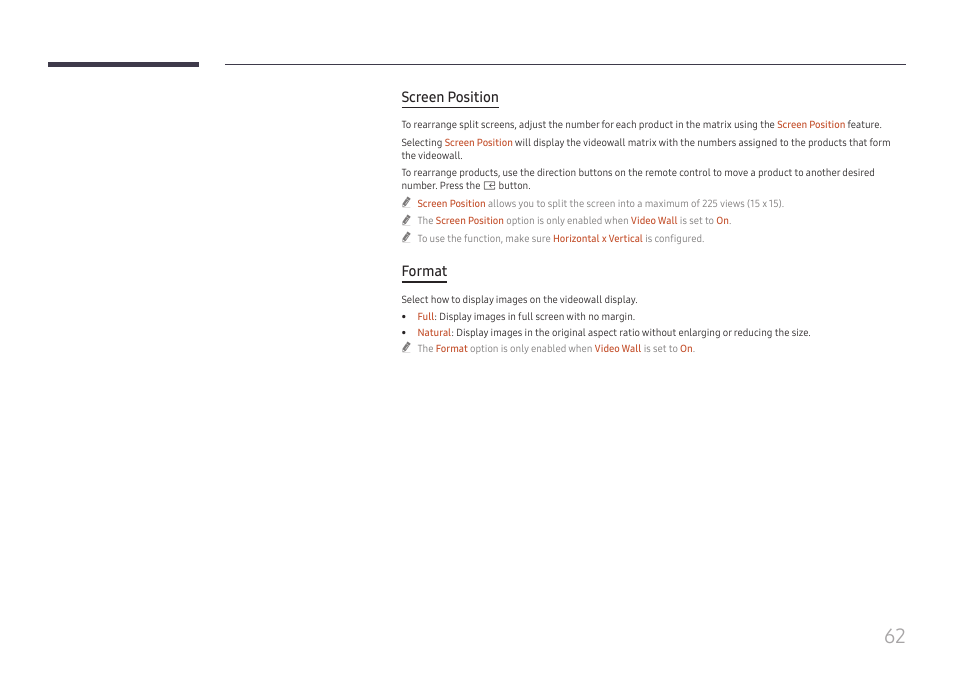 Screen position, Format | Samsung QHC Series 43" 4K UHD Commercial Monitor User Manual | Page 62 / 108