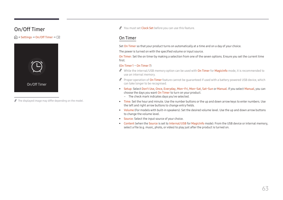 On/off timer, On/off timer 63, On timer | Samsung QHC Series 43" 4K UHD Commercial Monitor User Manual | Page 63 / 108