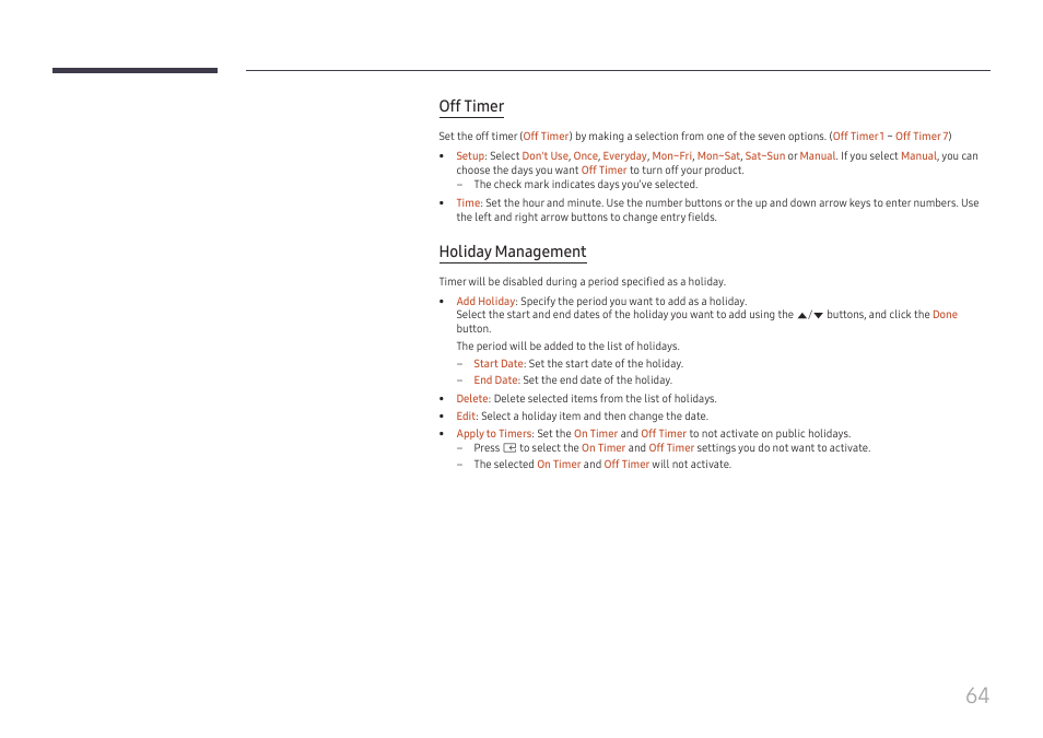 Off timer, Holiday management | Samsung QHC Series 43" 4K UHD Commercial Monitor User Manual | Page 64 / 108