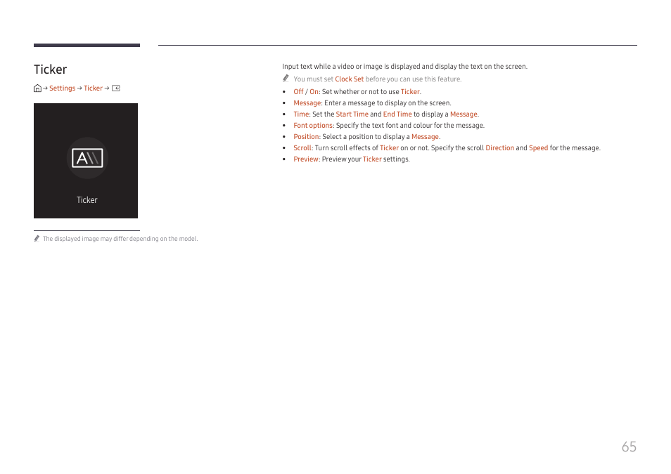 Ticker, Ticker 65 | Samsung QHC Series 43" 4K UHD Commercial Monitor User Manual | Page 65 / 108